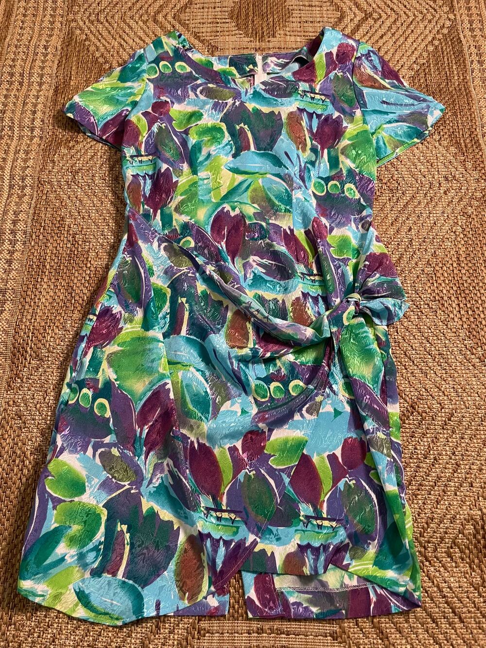 vintage retro abstract floral swirl print short sleeve knee length dress party